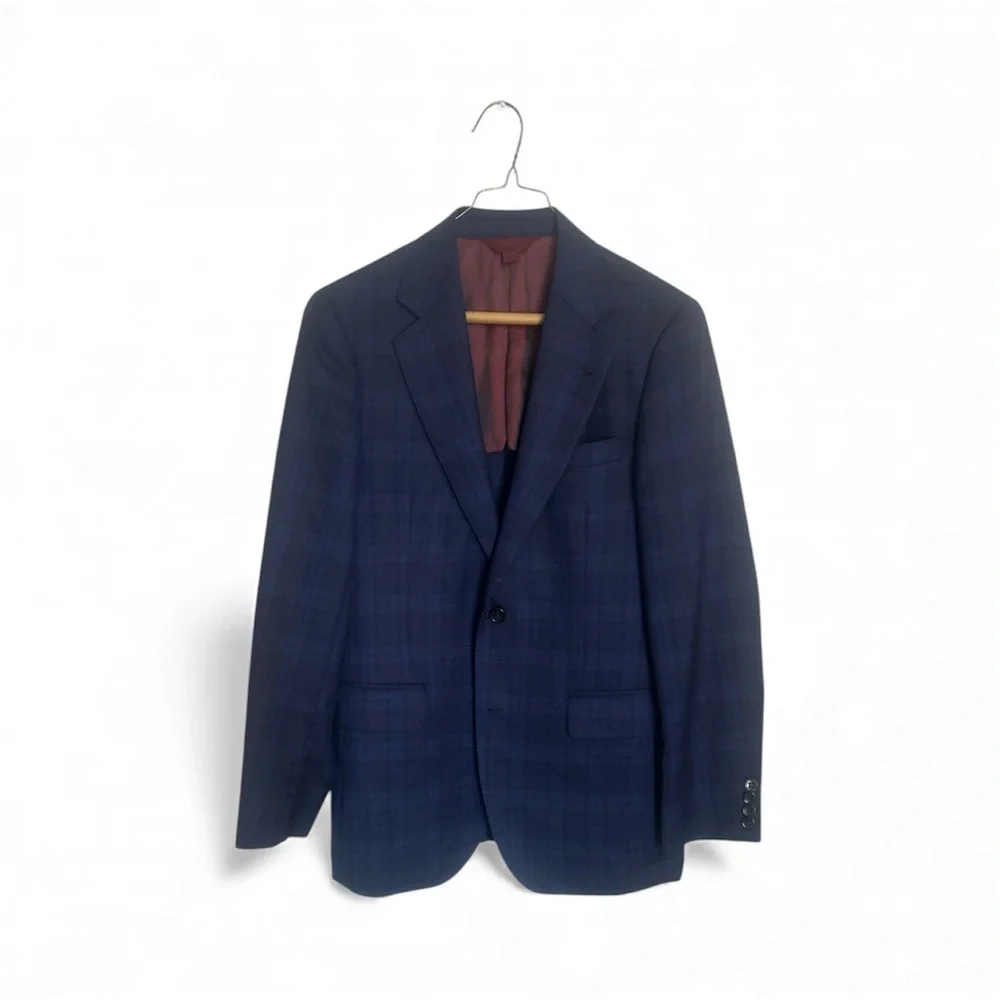 Men's Zignone Trend Navy Blue Plaid Wool Blazer Sz 38R